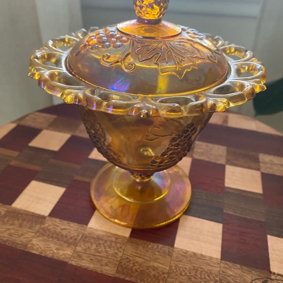 Vintage Indiana Carnival Autumn Harvest Amber Iridescent Glass Dish With Cover - Picture 3 of 10